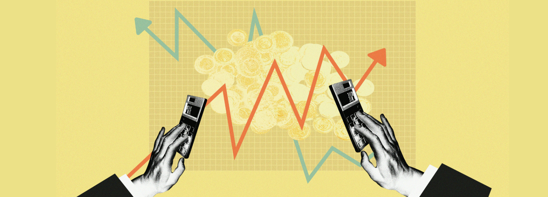 Illustration of two hands holding calculators over a financial graph, with jagged upward and downward trend lines and a pile of coins in the background.