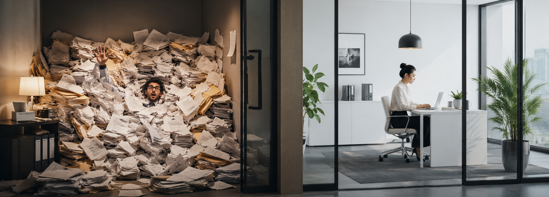 Eventfoto für das Event Process Science Weltmarktführer Deutschland bestehend aus zwei Büroraumen. Einer ist überfüllt mit Formularen auf Grund von ineffizienter Bürokratie. Der andere Raum ist aufgeräumt weil die Bürokratie erfolgreich digitalisiert und modernisiert wurde.