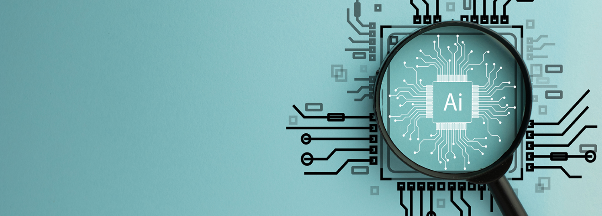 A magnifying glass enlarges the letters "AI" within a network of circuit traces.