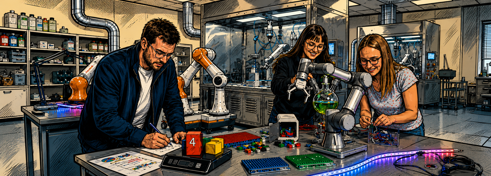 A team of four players playing with the riddles of the escape room. 