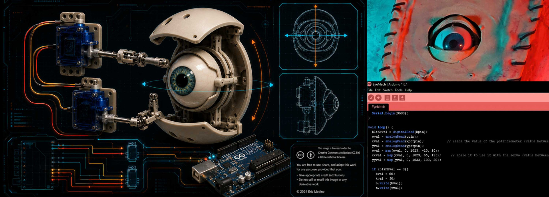 Mecha Robot Eye hero image with schematic, microcontroller code, and final project assembly