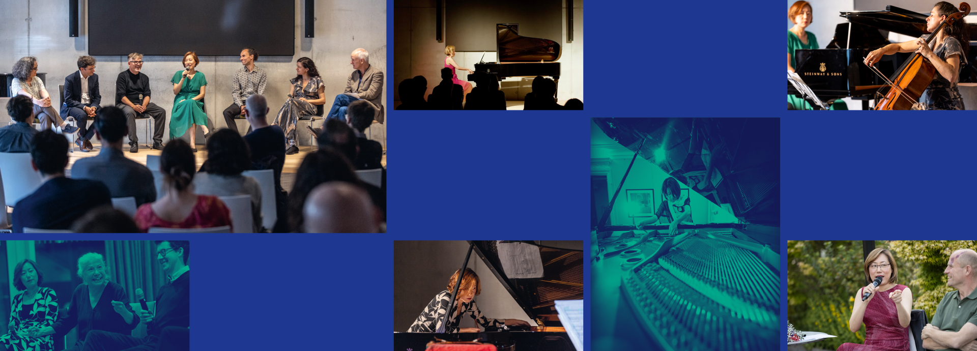 Photos of musicians and panel discussions.