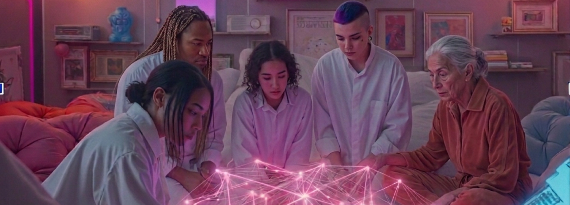 AI generated image of artists sitting around glowing network in neon colours.