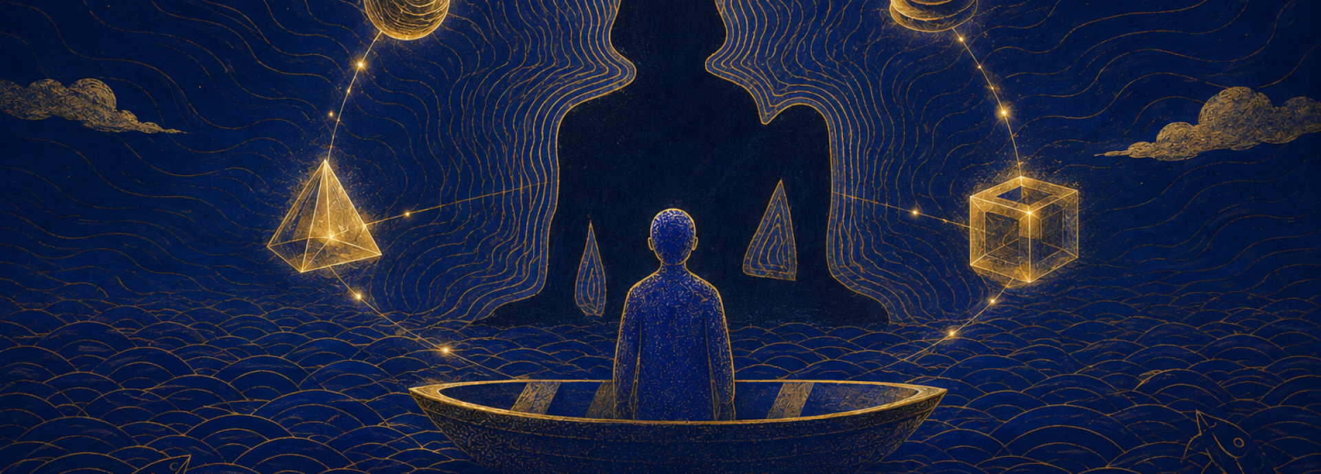 Illustration of person on a boat surrounded by shapes and clouds.
