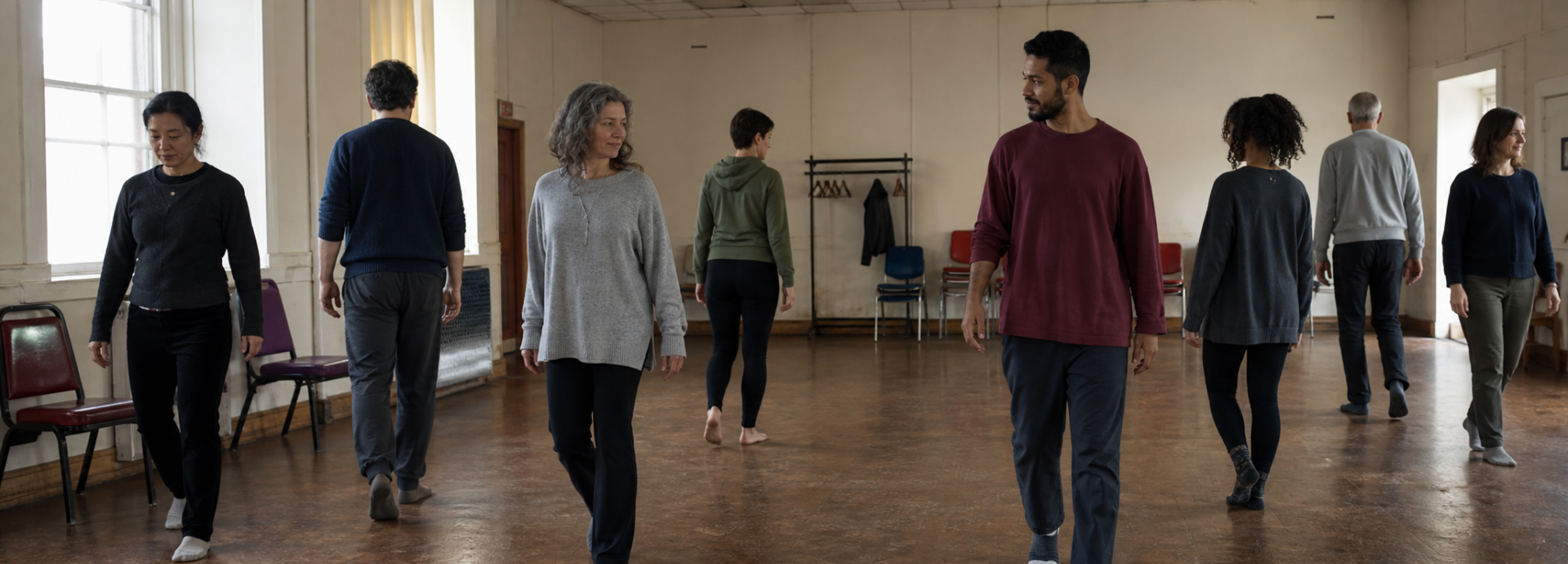 Adults walk slowly through a modest workshop room, practising attentive movement and personal space among simple chairs and pale walls.