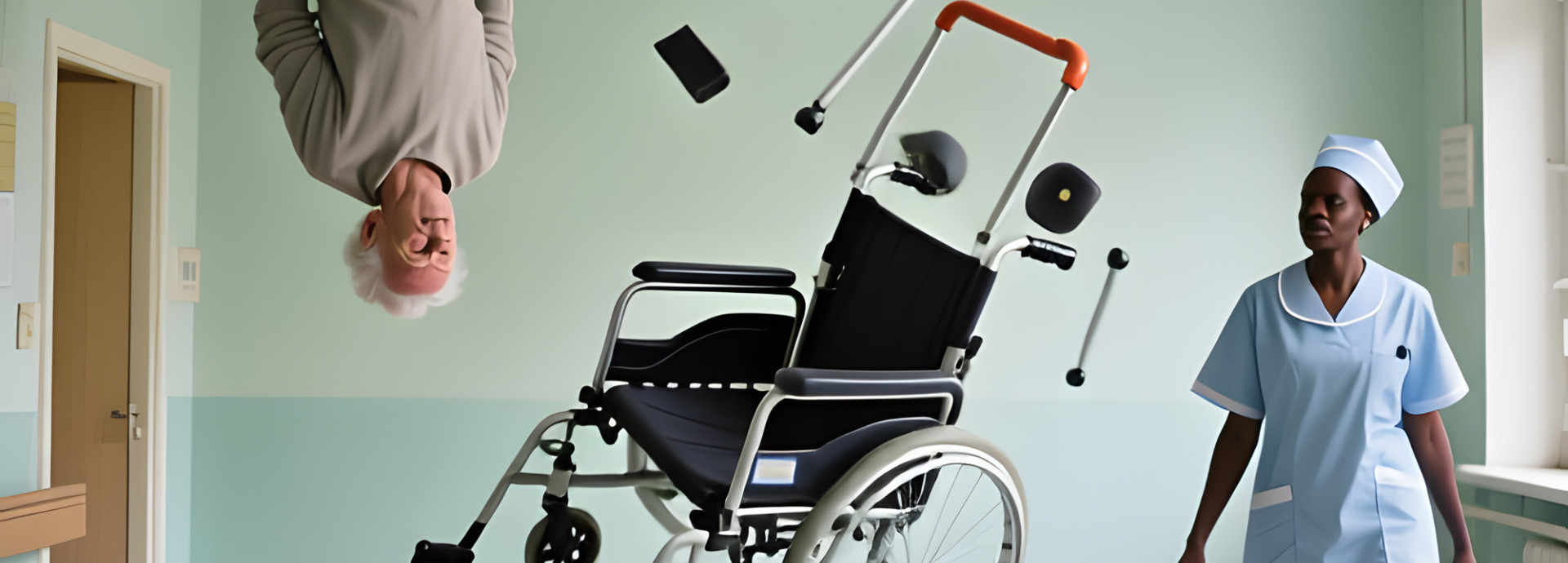 An elderly person, a nurse and a wheelchair free floating in space - Gravity has lost its hold