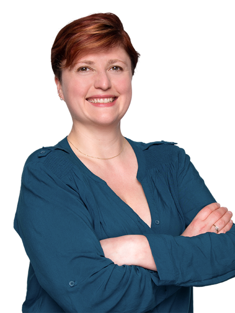 A woman with short hair and her arms entangled