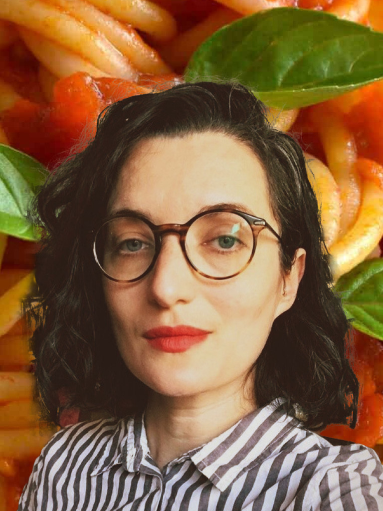 Woman with glasses, spaghetti Background