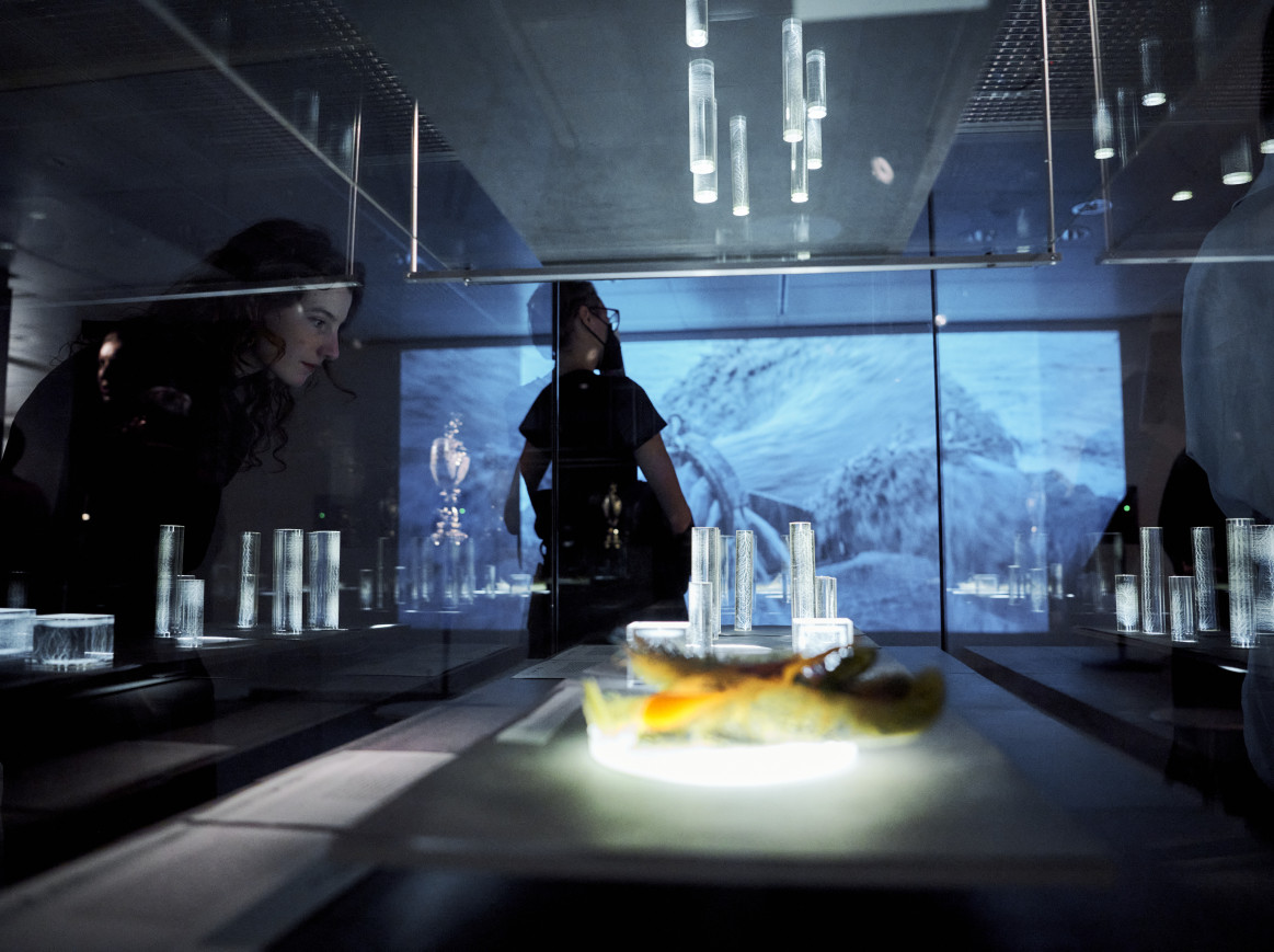 A woman stares through glass at an object. 