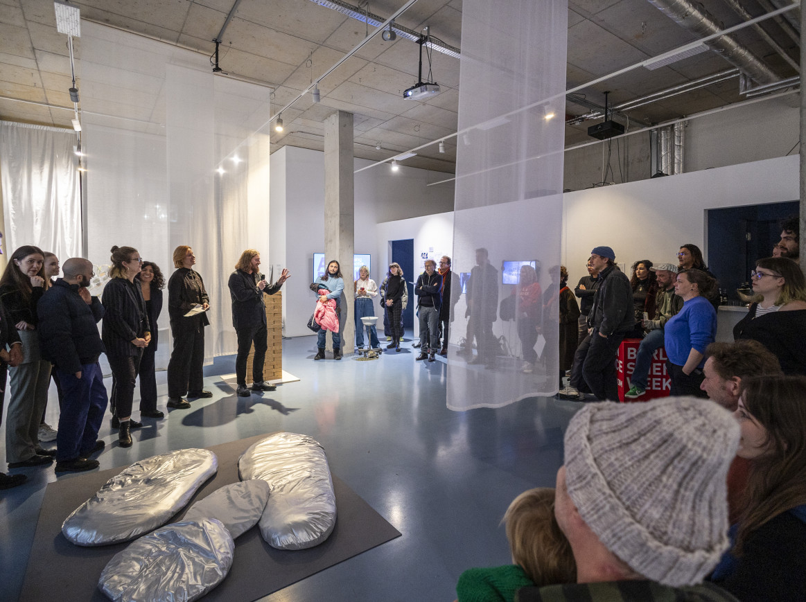 A group of people in an exhibition