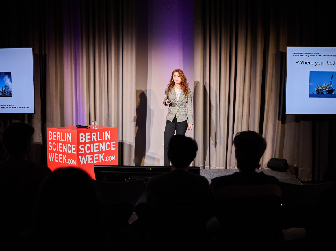 A woman stands between screens giving a talk. 