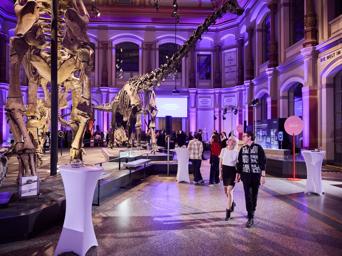 Two people walking through a museum with a big dinosaur skeleton at night.