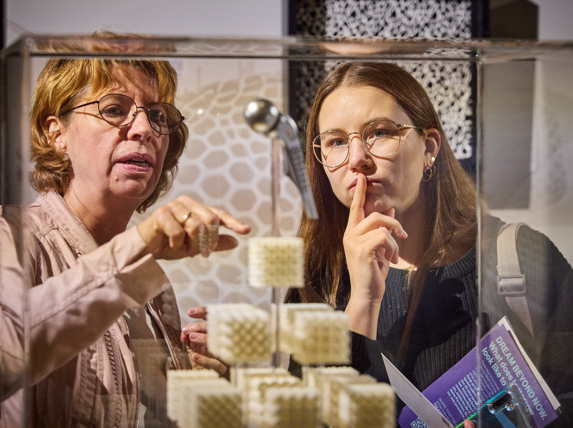 Two people observing an exhibit