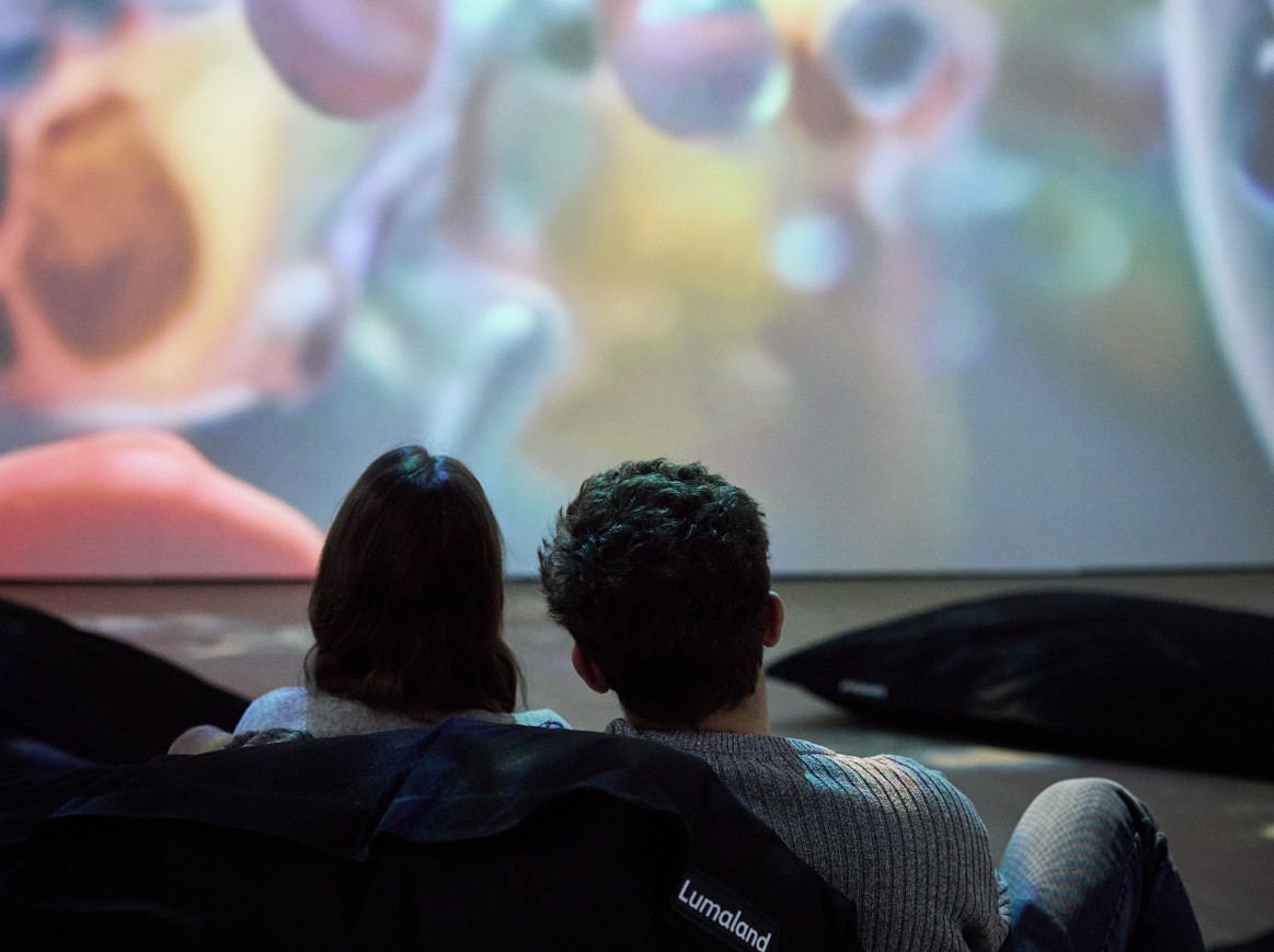 Two people looking at a large image