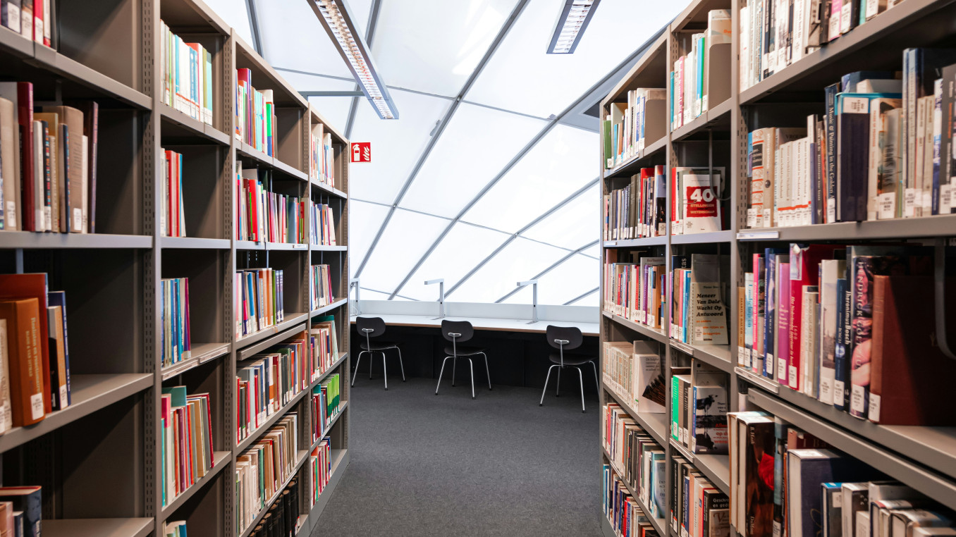 A library with long bookcases