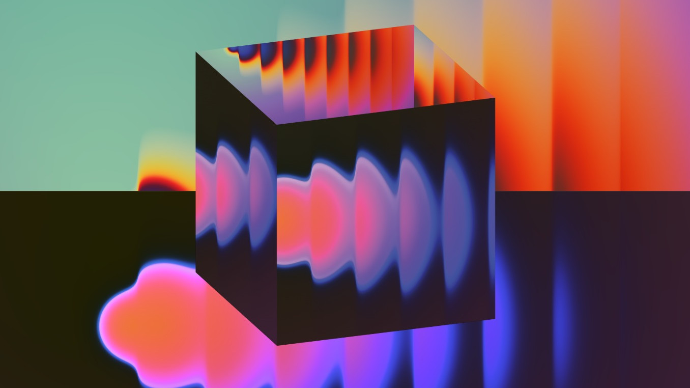 A cube sits in the middle of the image, surrounded by seemingly thermal imagery. 