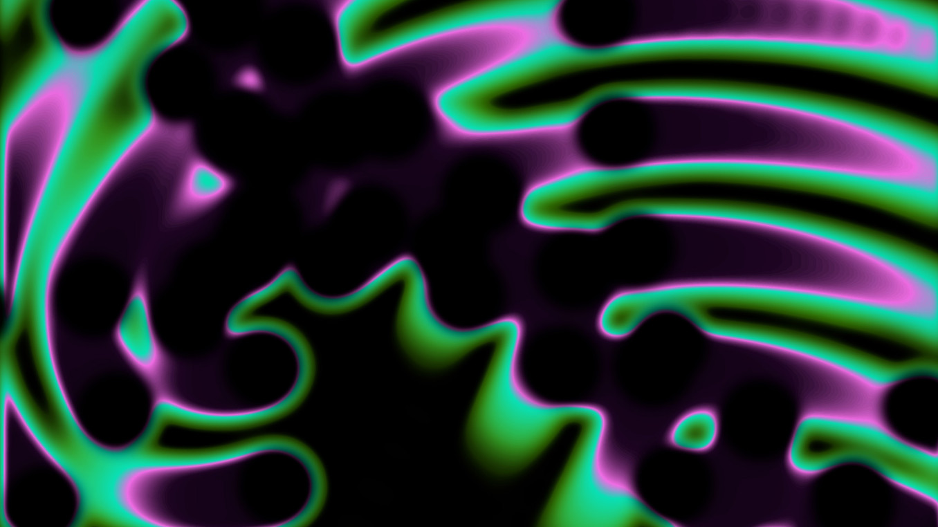Abstract digital artwork with glowing neon green and purple flowing shapes on a black background