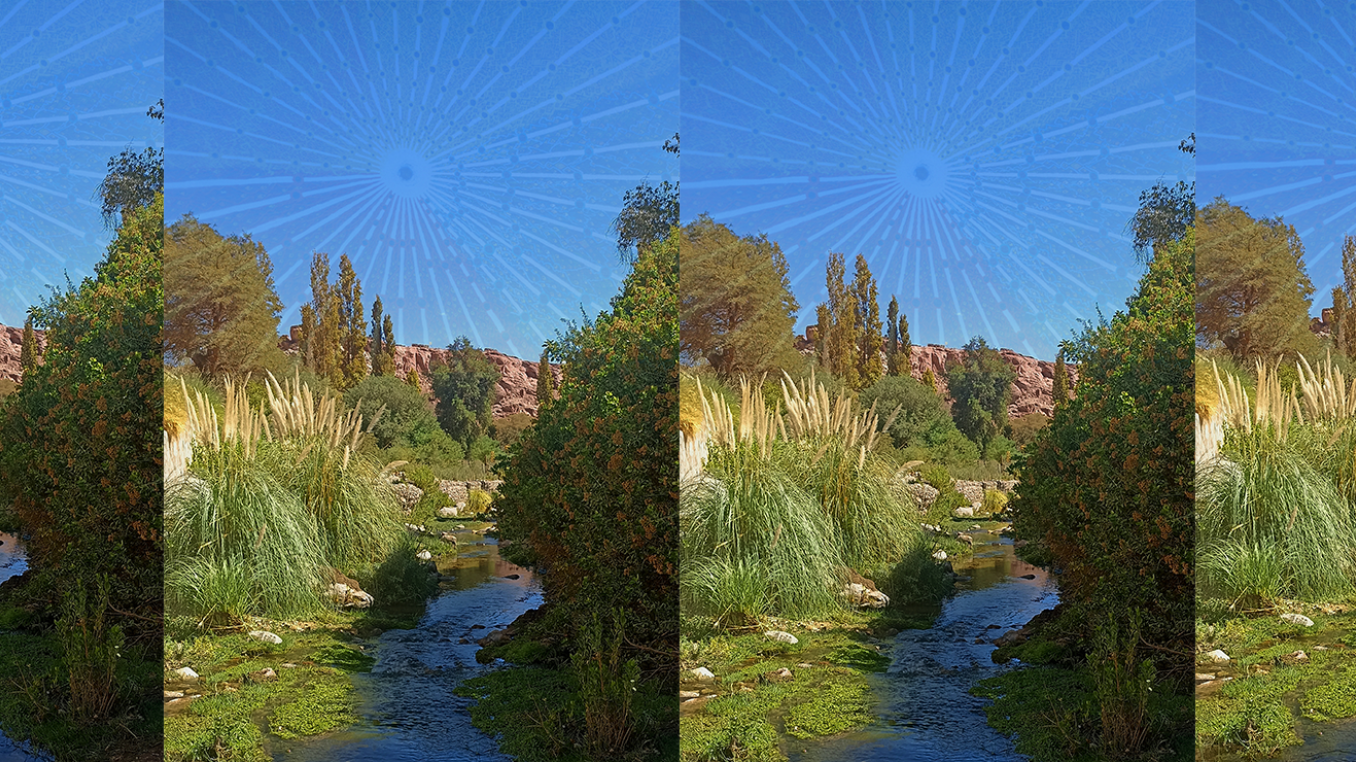 Digital collage with four repeated panels of a lush riverside landscape. The scene shows green vegetation, trees, and reeds along a stream, with rocky hills in the background under a clear blue sky featuring a radiating sunburst pattern.