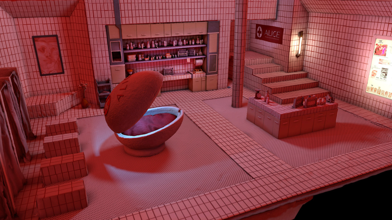 The image shows a handcrafte lab in white tiles and red lighting. There are changing cabins, shelves with medicine, and an egg-like bed. 