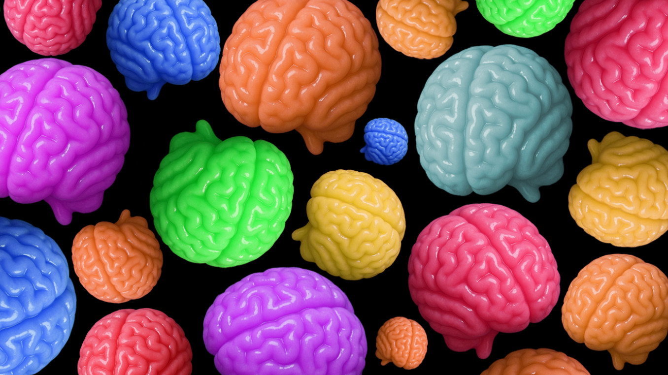 Little gummy brains of different colors and sizes on top of a black background