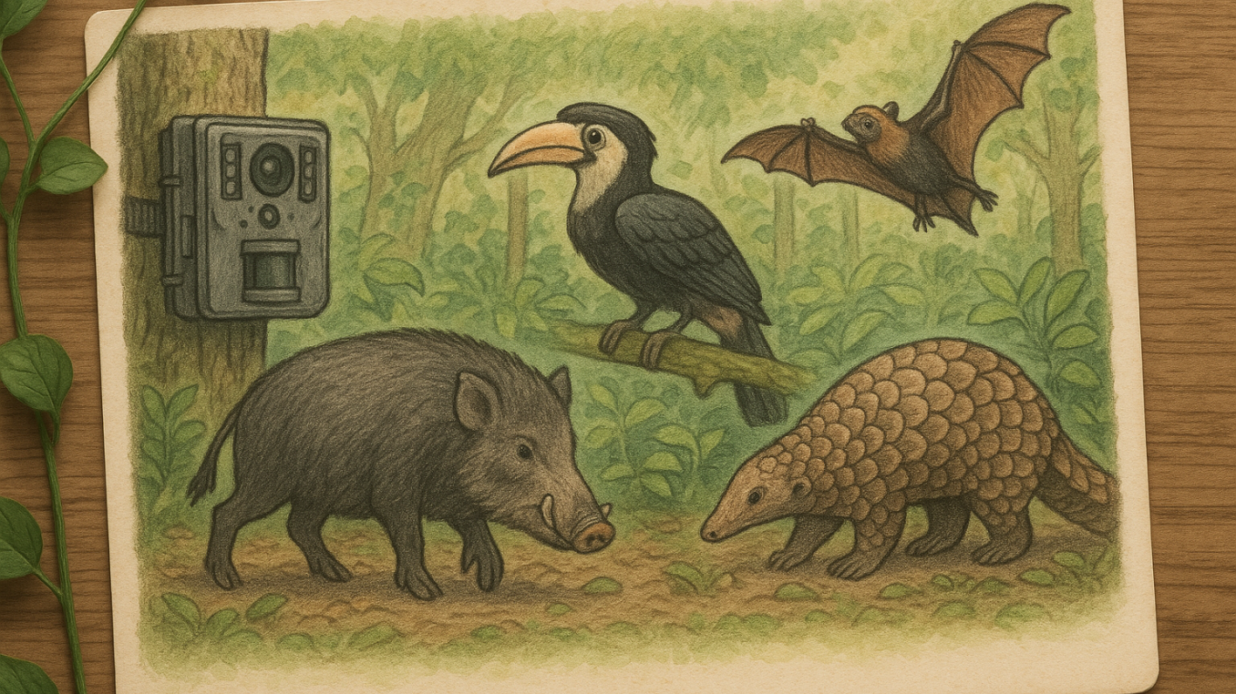 Different wildlife species and camera trap in a forest