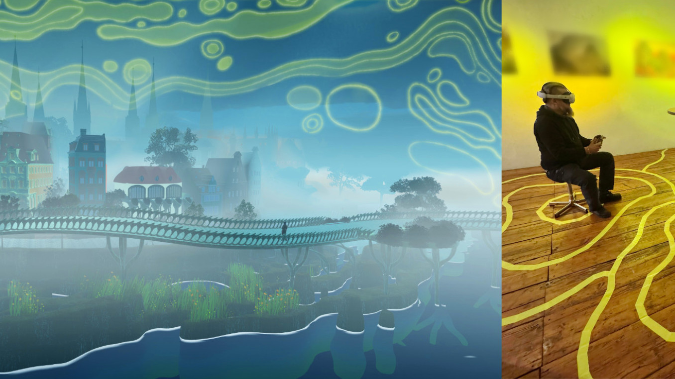 Image showing the Sponge City VR experience, where visitors wearing headsets explore a futuristic, biomorphic, water-sensitive urban landscape.