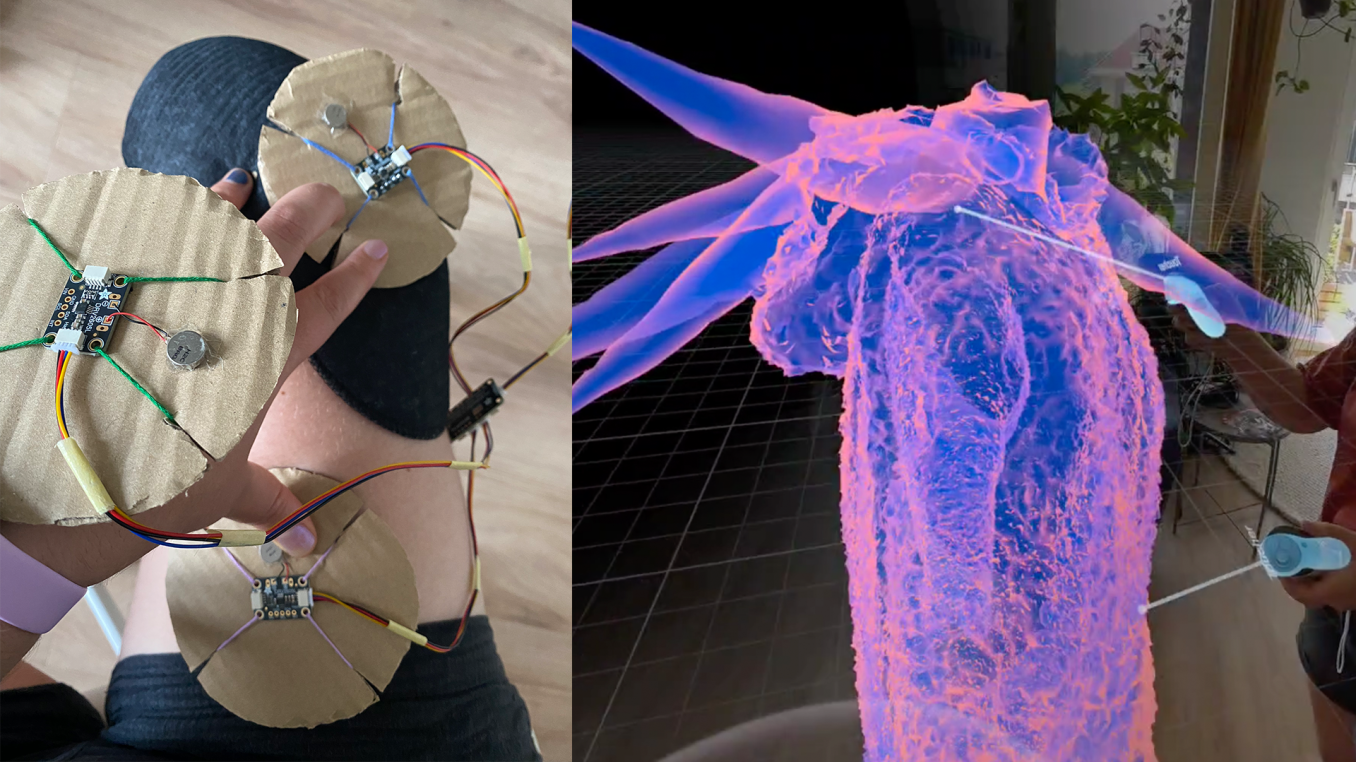 This collage unfolds how the project experiments with Virtual Reality. On the left, a photo shows a custom controller that Iz is building with two of their hands holding vibration motors attached to cardboard pieces in place. On the right, a screenshot shows the costume of a tiger from the opera The Magic Flute in Virtual Reality. Half of the screenshot shows the virtual space, the other half blends into Iz living room and shows their arms holding Quest controllers.