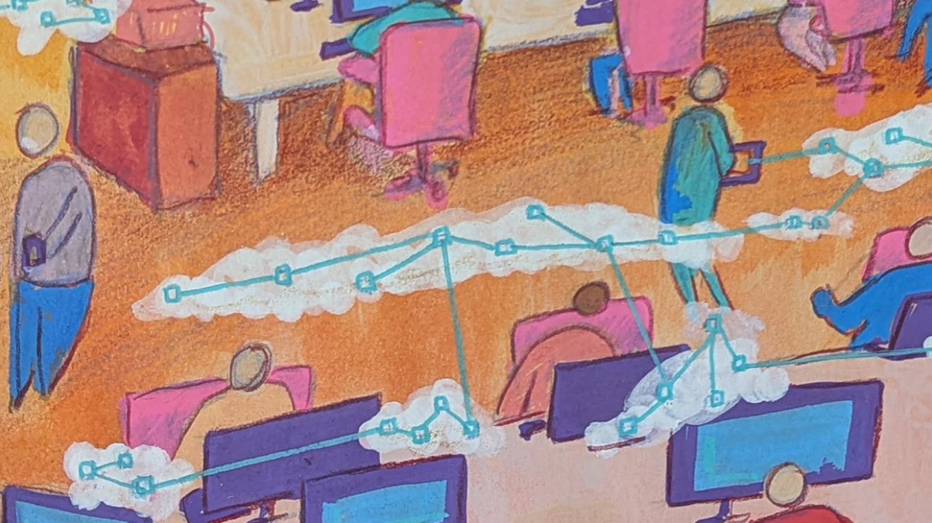 Colourful drawing of office workers at desks with abstract connections between them.