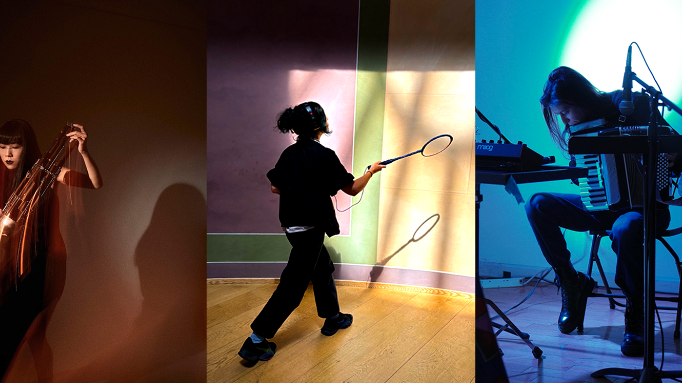 Three photos of artists playing instruments