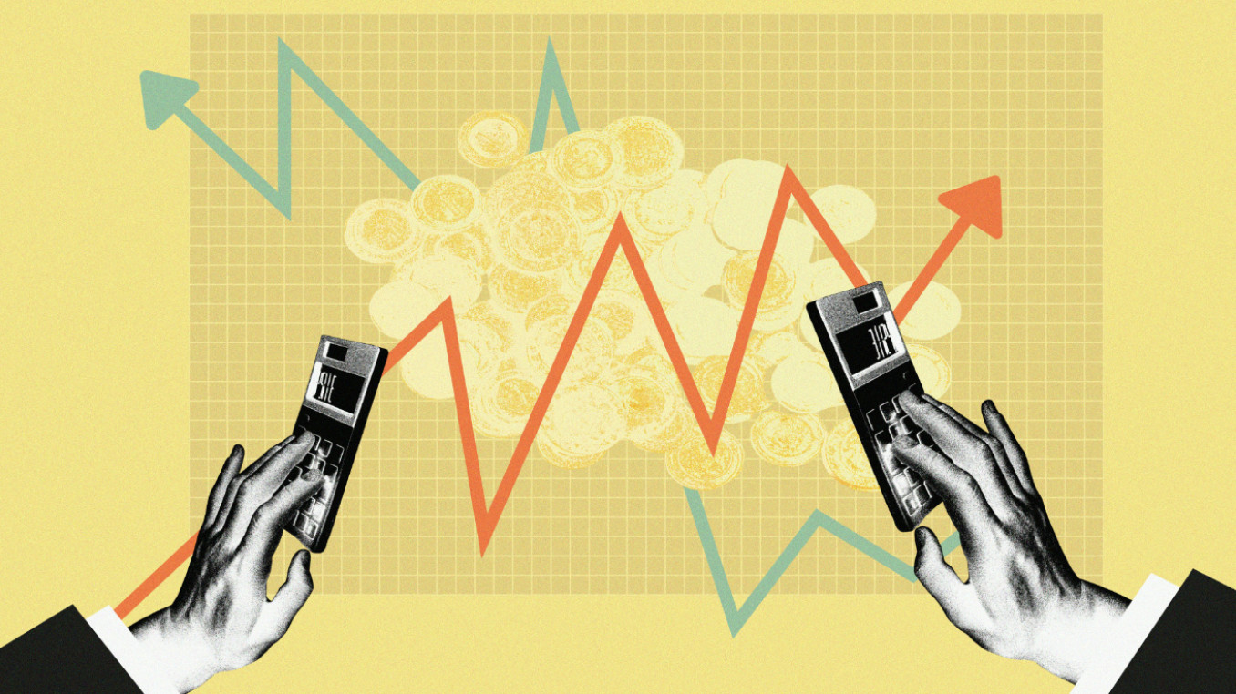 Illustration of two hands holding calculators over a financial graph, with jagged upward and downward trend lines and a pile of coins in the background.