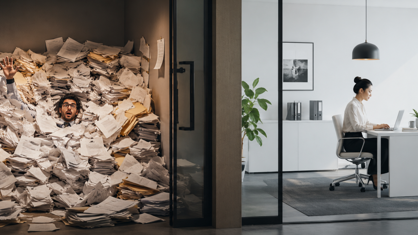 Eventfoto für das Event Process Science Weltmarktführer Deutschland bestehend aus zwei Büroraumen. Einer ist überfüllt mit Formularen auf Grund von ineffizienter Bürokratie. Der andere Raum ist aufgeräumt weil die Bürokratie erfolgreich digitalisiert und modernisiert wurde.