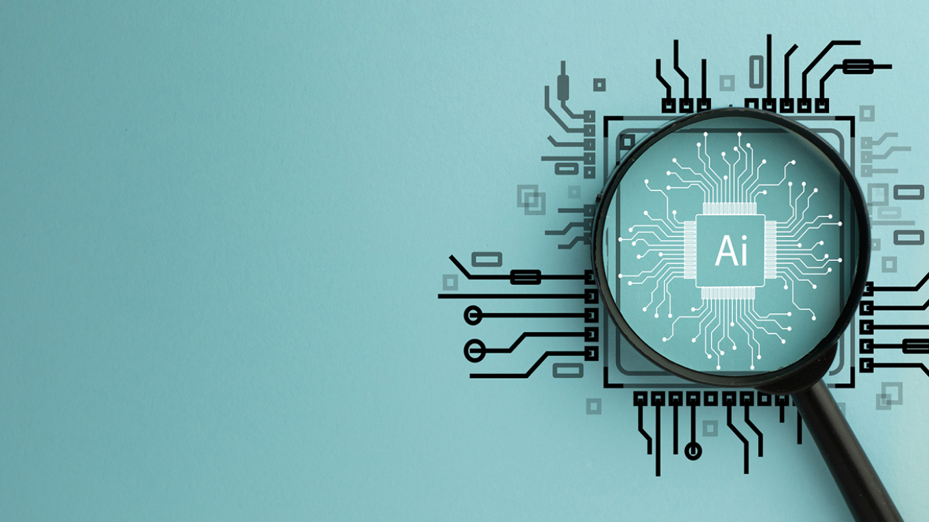 A magnifying glass enlarges the letters "AI" within a network of circuit traces.