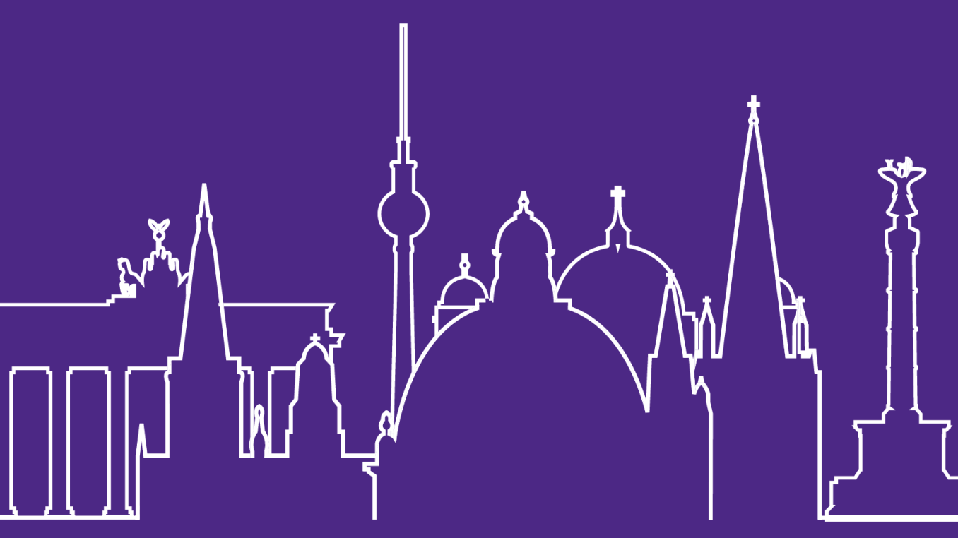 Stylised image merging the skylines and showing landmarks of Oxford and Berlin