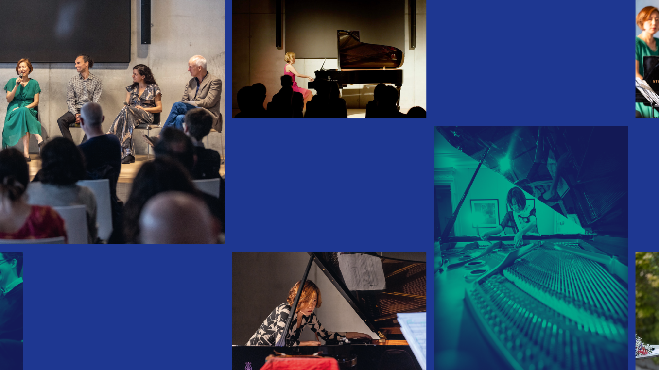 Photos of musicians and panel discussions.