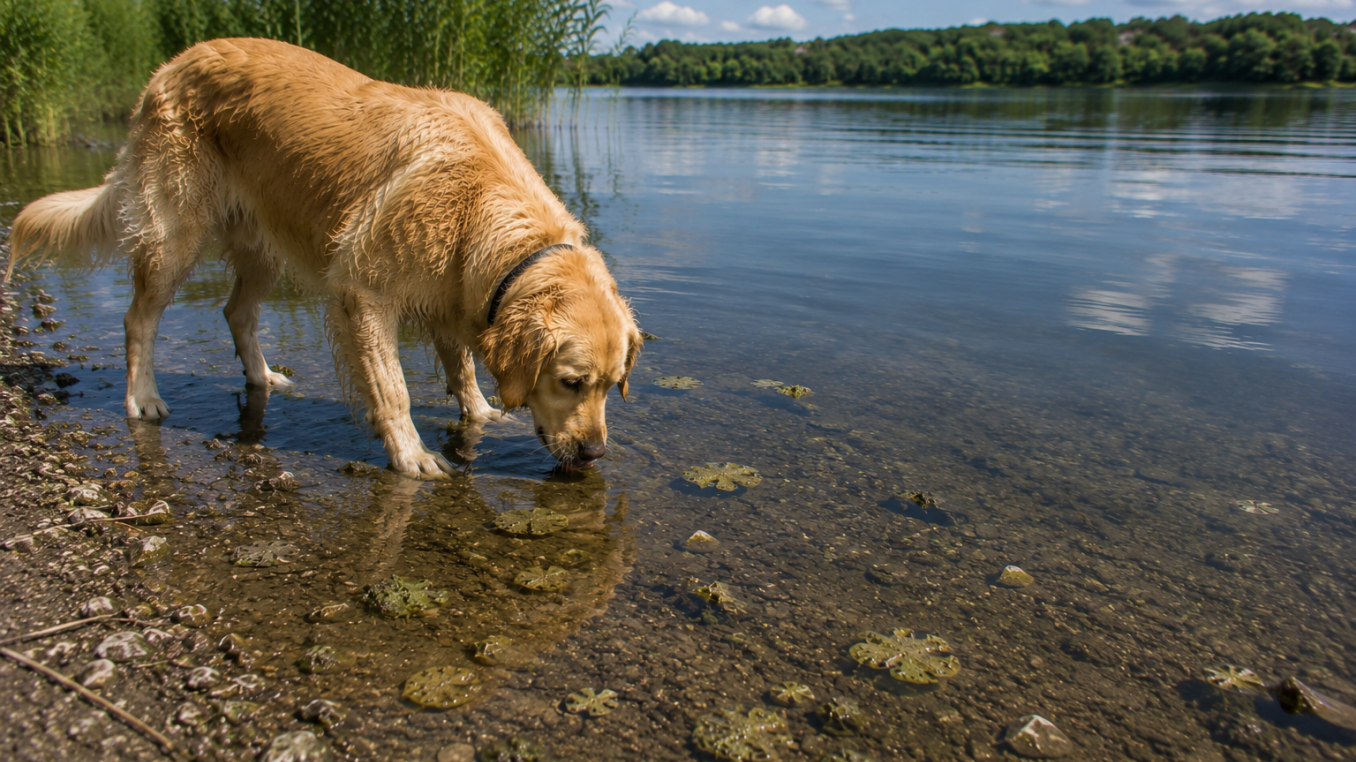 Hund trinkt aus Gewässer