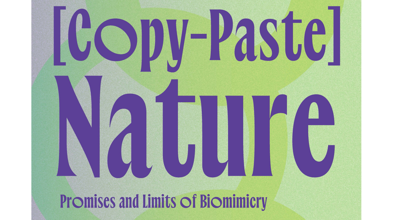 Graphic with the title “[Copy-Paste] Nature” in large purple decorative serif lettering, and the subtitle “Promises and Limits of Biomimicry” below. The background is a grainy gradient of soft greens and grey-lilac with overlapping curved shapes.