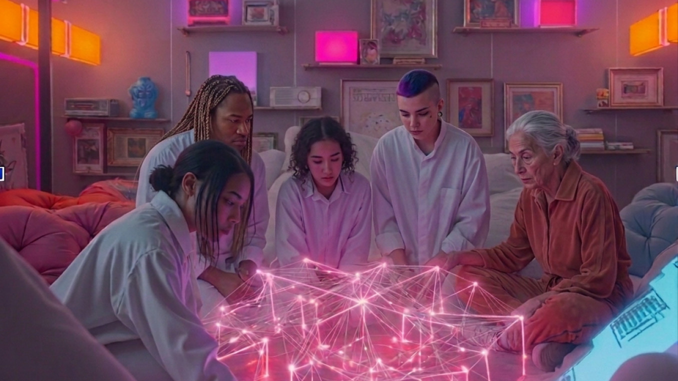 AI generated image of artists sitting around glowing network in neon colours.