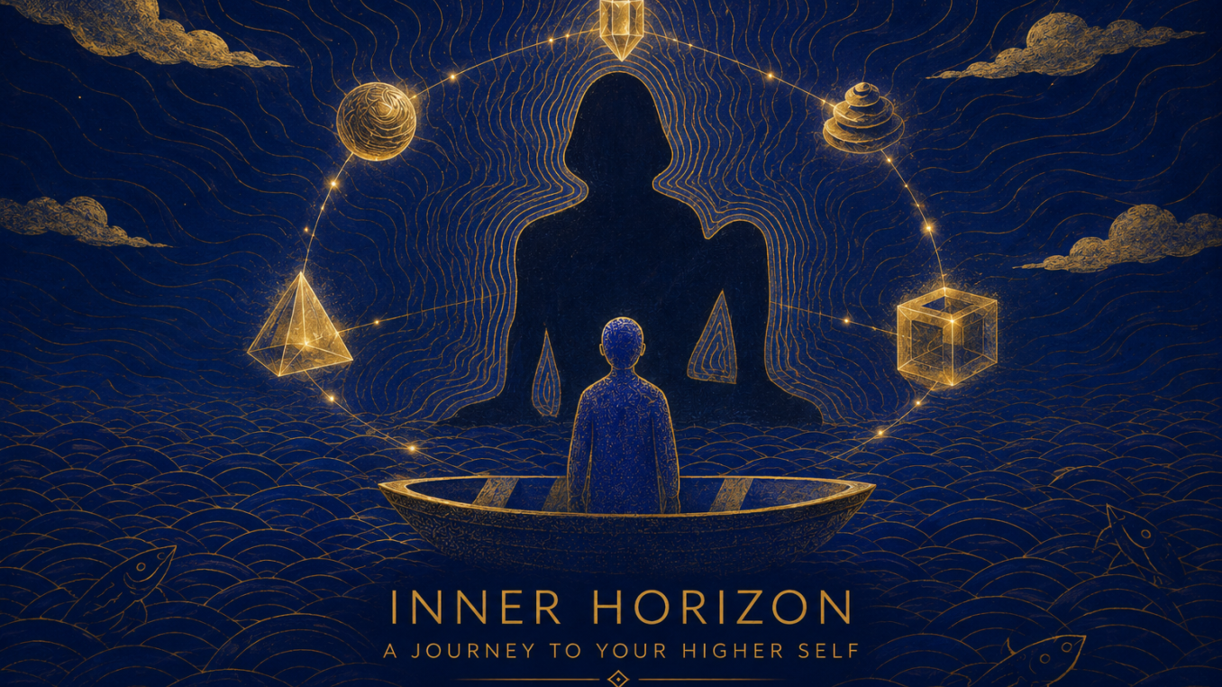 Illustration of person on a boat surrounded by shapes and clouds.