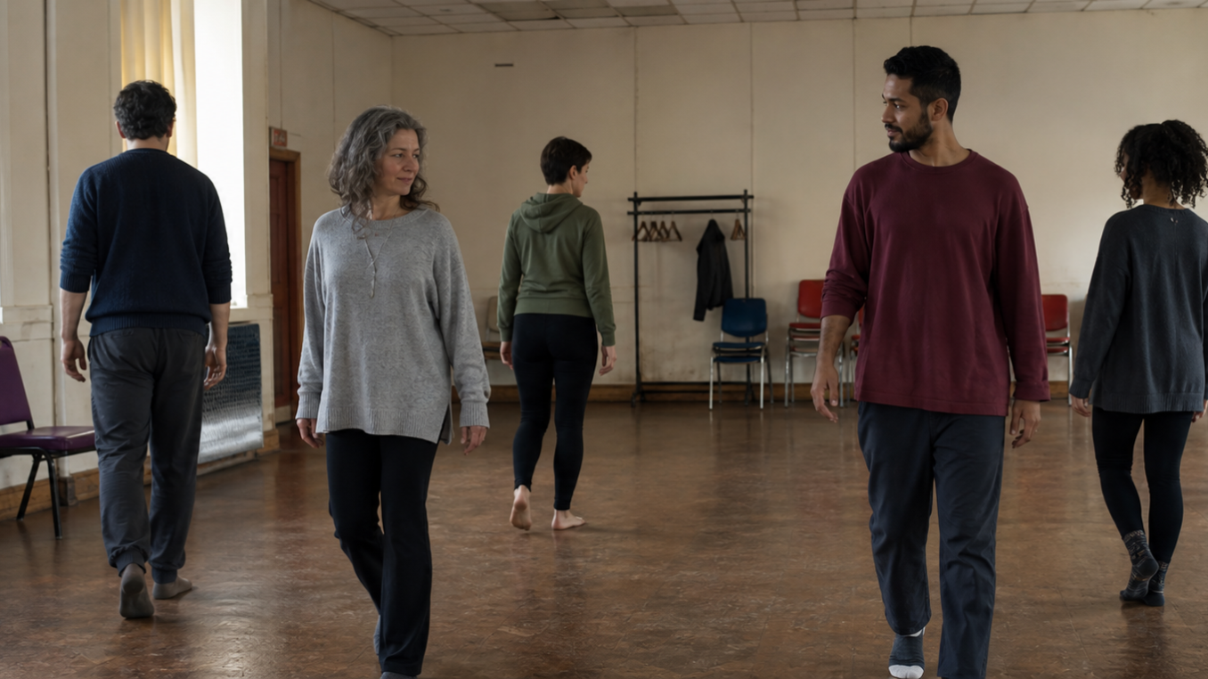 Adults walk slowly through a modest workshop room, practising attentive movement and personal space among simple chairs and pale walls.