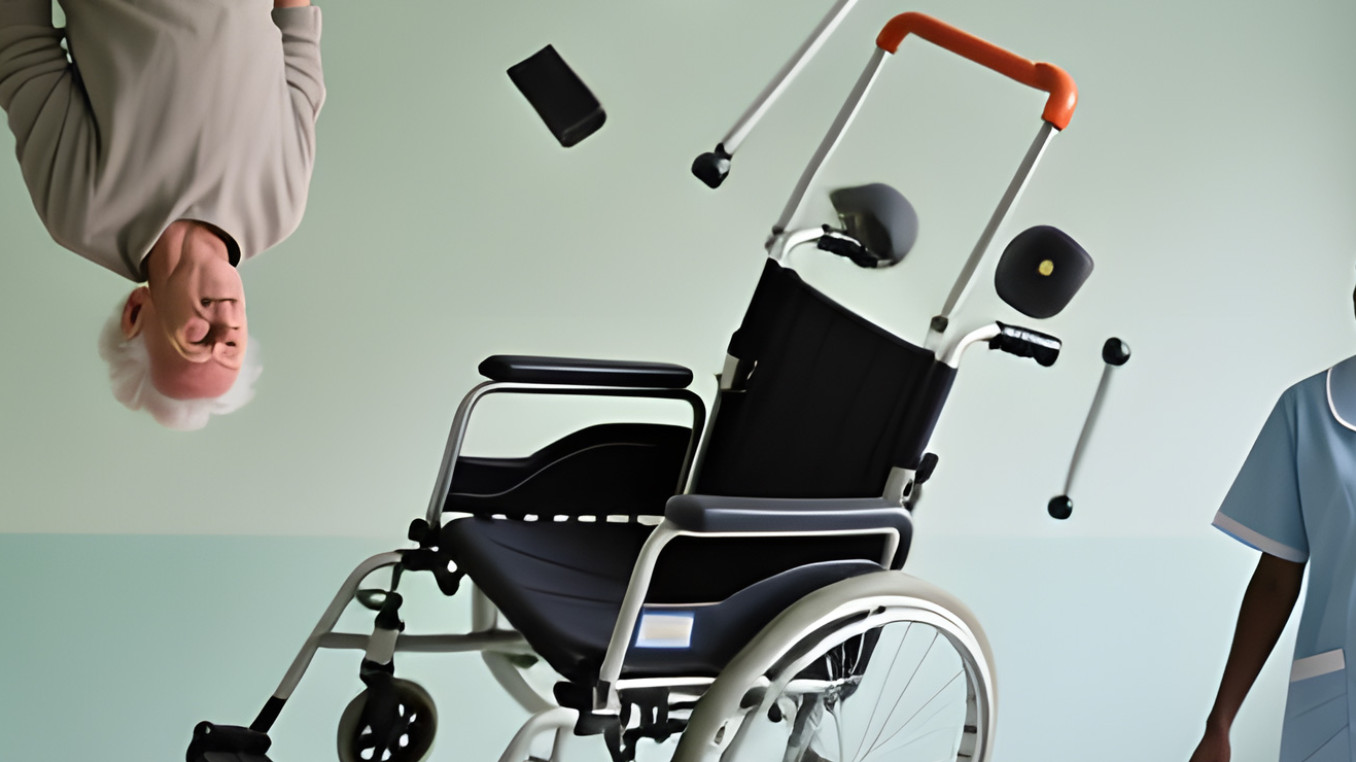 An elderly person, a nurse and a wheelchair free floating in space - Gravity has lost its hold