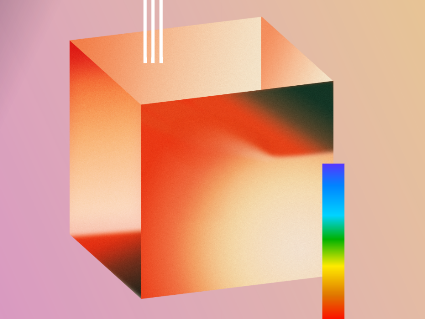 An off centre cube glows. Three lines enter the cube on top while a rainbow scale sits on the right.