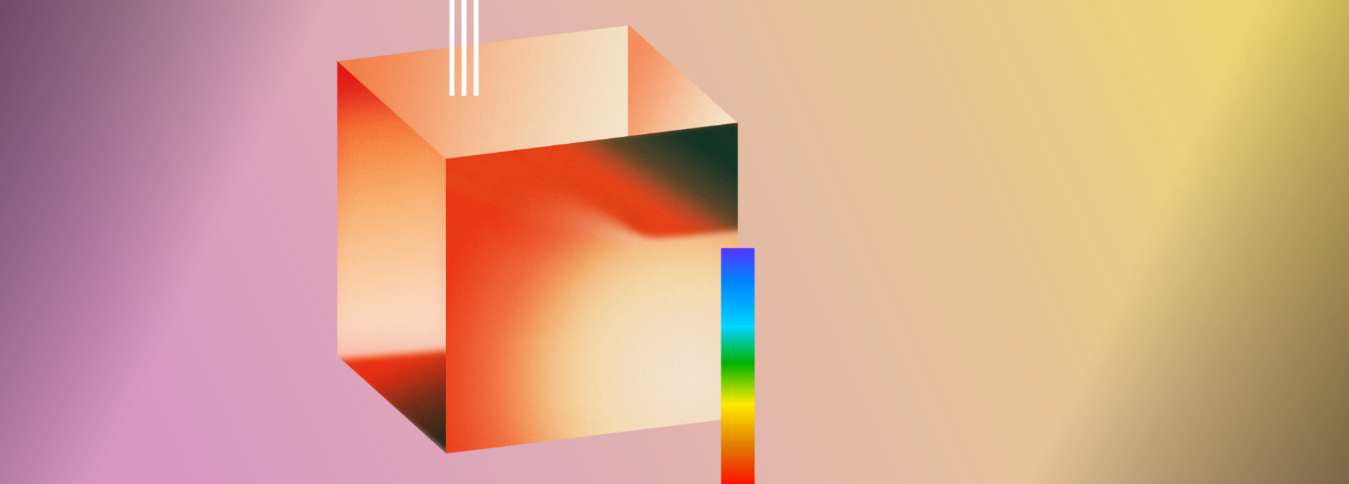 An off centre cube glows. Three lines enter the cube on top while a rainbow scale sits on the right.